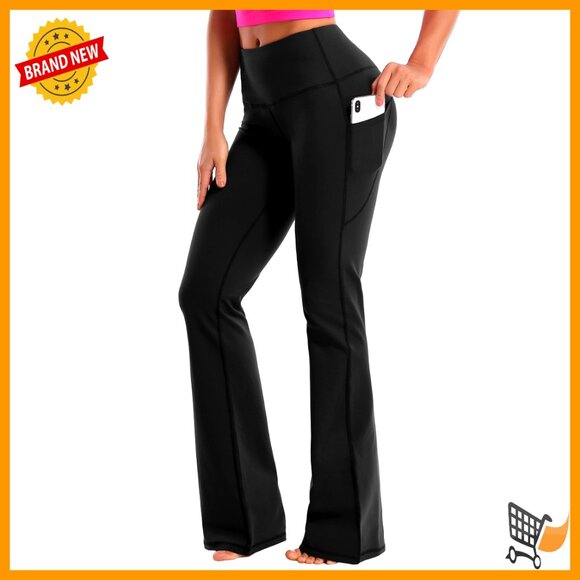 Pants - High Waist Bootcut Yoga Pants Tummy Control Flared Pockets Workout